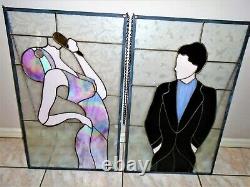 2 VTG Art Stained Glass Panels People Art Deco Hanging HUGE Iridescent UK CGS