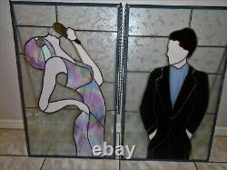 2 VTG Art Stained Glass Panels People Art Deco Hanging HUGE Iridescent UK CGS