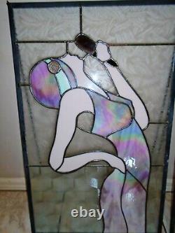 2 VTG Art Stained Glass Panels People Art Deco Hanging HUGE Iridescent UK CGS