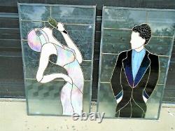 2 VTG Art Stained Glass Panels People Art Deco Hanging HUGE Iridescent UK CGS