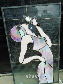 2 VTG Art Stained Glass Panels People Art Deco Hanging HUGE Iridescent UK CGS