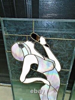 2 VTG Art Stained Glass Panels People Art Deco Hanging HUGE Iridescent UK CGS