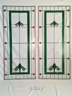 2 Victorian Antique Stained Glass Window Panels Old Art & Craft Chicago Bungalow