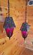 2 Vtg Gothic Hanging Light Fixtures Chandeliers with Red Stained Glass Panels
