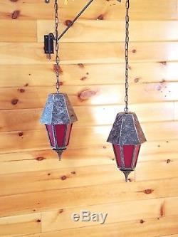 2 Vtg Gothic Hanging Light Fixtures Chandeliers with Red Stained Glass Panels