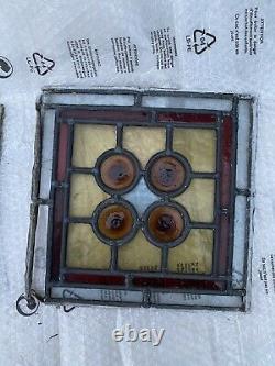 2 X Antique Stained Glass Panels Brown, Amber Roundals Bullseyes Restoration