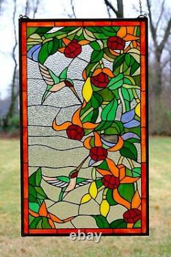 20.25 x 34 Large Handcrafted stained glass window panel Hummingbirds & Flowers