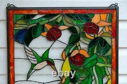 20.25 x 34 Large Handcrafted stained glass window panel Hummingbirds & Flowers