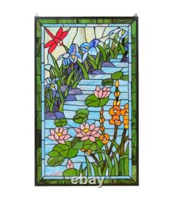 20.25 x 34 Tiffany Style stained glass window panel Dragonfly water lily QA632