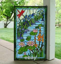 20.25 x 34 Tiffany Style stained glass window panel Dragonfly water lily QA632