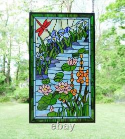 20.25 x 34 Tiffany Style stained glass window panel Dragonfly water lily QA632