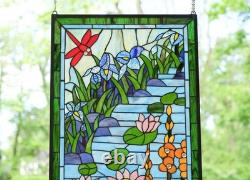 20.25 x 34 Tiffany Style stained glass window panel Dragonfly water lily QA632