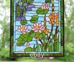 20.25 x 34 Tiffany Style stained glass window panel Dragonfly water lily QA632