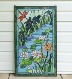 20.25 x 34 Tiffany Style stained glass window panel Dragonfly water lily QA632