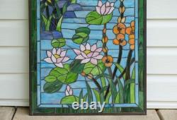 20.25 x 34 Tiffany Style stained glass window panel Dragonfly water lily QA632
