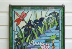 20.25 x 34 Tiffany Style stained glass window panel Dragonfly water lily QA632