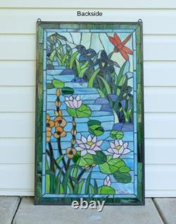 20.25 x 34 Tiffany Style stained glass window panel Dragonfly water lily QA632