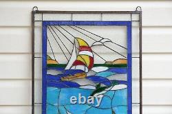 20.5 X 34.75 Dolphin Boat Seashore Beach Handcrafted Stained Glass Window Panel