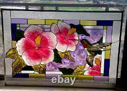 20.5 x 14 GORGEOUS! FLOWER & HUMMINGBIRD STAINED GLASS WINDOW PANEL SUNCATCHER