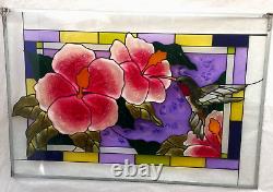 20.5 x 14 GORGEOUS! FLOWER & HUMMINGBIRD STAINED GLASS WINDOW PANEL SUNCATCHER