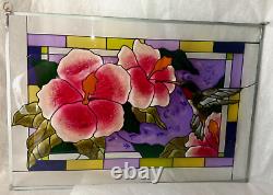 20.5 x 14 GORGEOUS! FLOWER & HUMMINGBIRD STAINED GLASS WINDOW PANEL SUNCATCHER