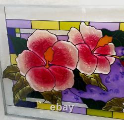 20.5 x 14 GORGEOUS! FLOWER & HUMMINGBIRD STAINED GLASS WINDOW PANEL SUNCATCHER