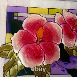 20.5 x 14 GORGEOUS! FLOWER & HUMMINGBIRD STAINED GLASS WINDOW PANEL SUNCATCHER