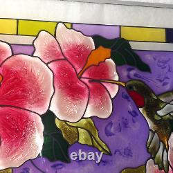 20.5 x 14 GORGEOUS! FLOWER & HUMMINGBIRD STAINED GLASS WINDOW PANEL SUNCATCHER