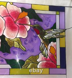 20.5 x 14 GORGEOUS! FLOWER & HUMMINGBIRD STAINED GLASS WINDOW PANEL SUNCATCHER