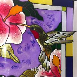 20.5 x 14 GORGEOUS! FLOWER & HUMMINGBIRD STAINED GLASS WINDOW PANEL SUNCATCHER