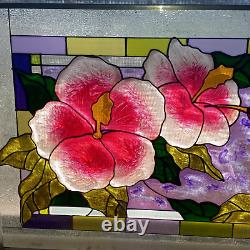 20.5 x 14 GORGEOUS! FLOWER & HUMMINGBIRD STAINED GLASS WINDOW PANEL SUNCATCHER