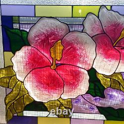 20.5 x 14 GORGEOUS! FLOWER & HUMMINGBIRD STAINED GLASS WINDOW PANEL SUNCATCHER