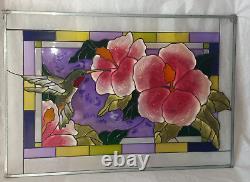 20.5 x 14 GORGEOUS! FLOWER & HUMMINGBIRD STAINED GLASS WINDOW PANEL SUNCATCHER