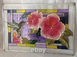 20.5 x 14 GORGEOUS! FLOWER & HUMMINGBIRD STAINED GLASS WINDOW PANEL SUNCATCHER