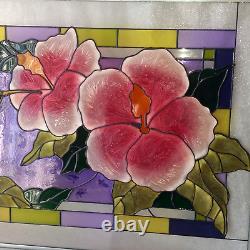 20.5 x 14 GORGEOUS! FLOWER & HUMMINGBIRD STAINED GLASS WINDOW PANEL SUNCATCHER