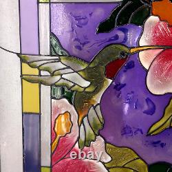 20.5 x 14 GORGEOUS! FLOWER & HUMMINGBIRD STAINED GLASS WINDOW PANEL SUNCATCHER