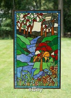 20.5 x 34.5 Handcrafted stained glass window panel Deer Drinking Water J045