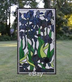 20.5 x 34.5 Handcrafted stained glass window panel Iris Flowers