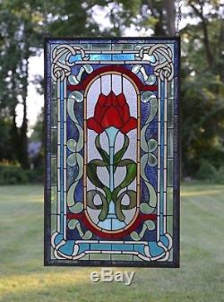 20.5 x 34.5 Handcrafted stained glass window panel one big Rose Flower