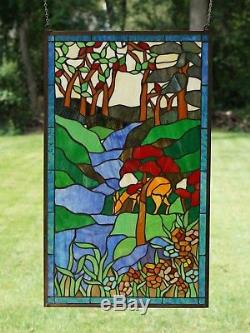 20.5 x 34.5 Tiffany Style stained glass window panel Deer Drinking Water