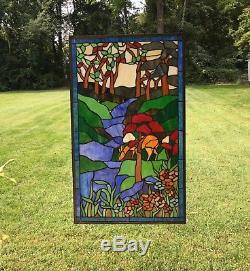 20.5 x 34.5 Tiffany Style stained glass window panel Deer Drinking Water