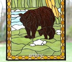 20.5 x 34.75 Bear Mother and Son Handcrafted stained glass window panel WL106