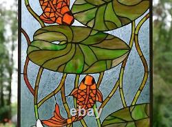 20.5 x 34.75 Fish Play under Lotus Tiffany Style stained glass window panel