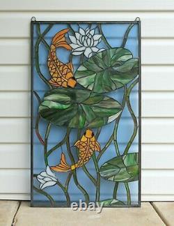 20.5 x 34.75 Fish Play under Lotus Tiffany Style stained glass window panel