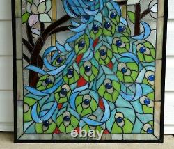 20.5 x 34.75 Handcrafted peacock flower stained glass window panel WL22-221