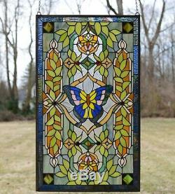20.5 x 34.75 Handcrafted stained glass window panel Butterfly Flower