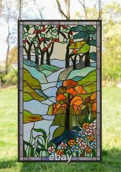 20.5 x 34.75 Handcrafted stained glass window panel Deer Drinking Water
