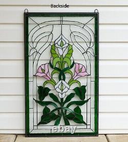 20.5 x 34.75 Stained glass window panel Lily Flower Beveled Clear Glass