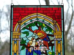 20.5 x 34.75 Tiffany Style stained glass window panel Bird Two Parrots WL22210