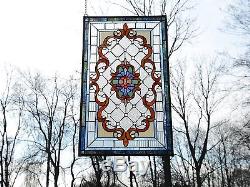 20.5W x 34.75H Handcrafted Jeweled stained glass window panel